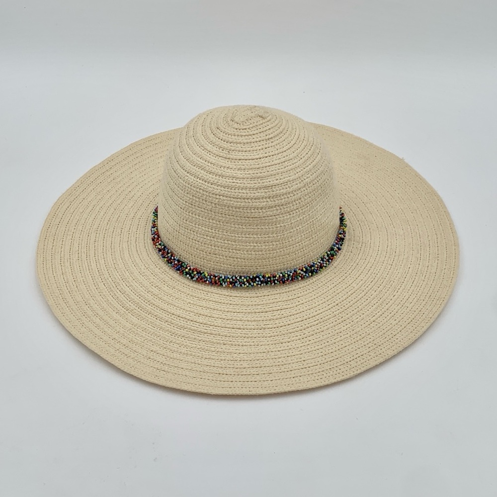 The Accessory Collective Wide Brim Straw Sun Hat Beaded Band Panama Style OS
